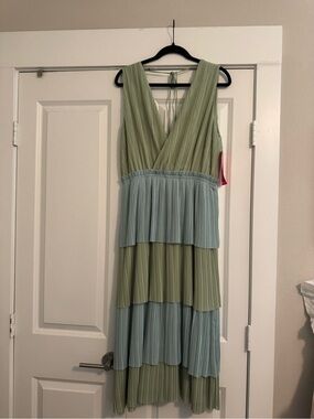 Adelyn Rae Pleated Tiered V-Neck Midi Dress in Sage Green and Sky Blue